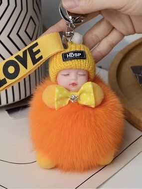 Yellow Beanie Doll Pom Keychain - Orange Fur